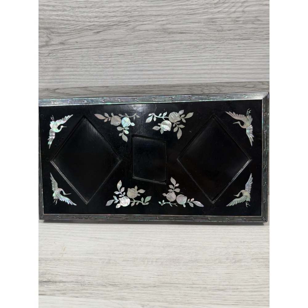 Korean Black Lacquer Mother of Pearl Tray Crane Floral Najeon Chilgi